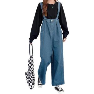 imagechouyatou Women Denim Bib Overalls Adjustable Strap Wide Leg Jean Jumpsuits Loose Fit Romper with PocketsRetro Blue