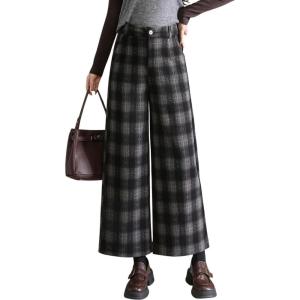 imagechouyatou Women Fall Winter Plaid Wool Culottes Cropped Pants Elastic High Waisted Loose Wide Leg PalazzoBlack