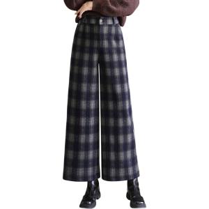 imagechouyatou Women Fall Winter Plaid Wool Culottes Cropped Pants Elastic High Waisted Loose Wide Leg PalazzoBlue