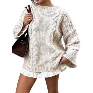 imagechouyatou Womens 2025 Fall Winter Cable Knit Sweaters Oversized Chunky Knit Casual Sweater Pullover TopsBeige