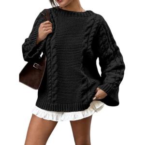 imagechouyatou Womens 2025 Fall Winter Cable Knit Sweaters Oversized Chunky Knit Casual Sweater Pullover TopsBlack