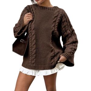imagechouyatou Womens 2025 Fall Winter Cable Knit Sweaters Oversized Chunky Knit Casual Sweater Pullover TopsBrown