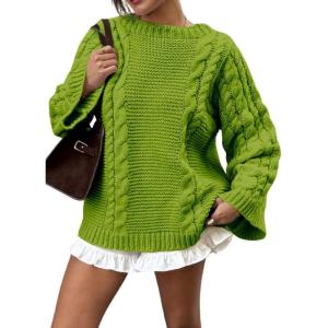 imagechouyatou Womens 2025 Fall Winter Cable Knit Sweaters Oversized Chunky Knit Casual Sweater Pullover TopsGreen