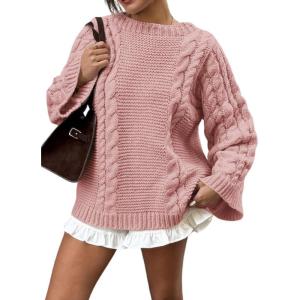 imagechouyatou Womens 2025 Fall Winter Cable Knit Sweaters Oversized Chunky Knit Casual Sweater Pullover TopsPink