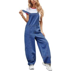 imagechouyatou Womens Adjustable Strap Denim Jumpsuit Casual Loose wide Leg Bib Overall Jeans PantBlue