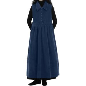 imagechouyatou Womens Babydoll Corduroy Overall Dress Lapel Button Front Ruffle Long Pinafore Jumper DressBlue
