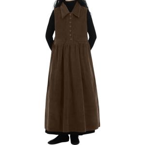 imagechouyatou Womens Babydoll Corduroy Overall Dress Lapel Button Front Ruffle Long Pinafore Jumper DressDark Brown
