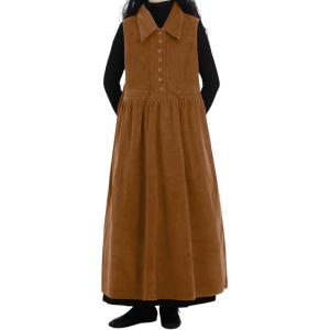 imagechouyatou Womens Babydoll Corduroy Overall Dress Lapel Button Front Ruffle Long Pinafore Jumper DressLight Brown