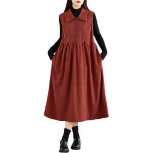 imagechouyatou Womens Babydoll Corduroy Overall Dress Lapel Button Front Ruffle Long Pinafore Jumper DressRed