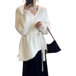 imagechouyatou Womens Casual V Neck Belted Pullover Sweaters Asymmetrical Hem Knitted Sweater Tunic Jumper TopsBeige White