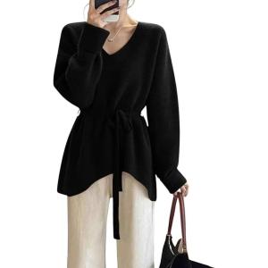 imagechouyatou Womens Casual V Neck Belted Pullover Sweaters Asymmetrical Hem Knitted Sweater Tunic Jumper TopsBlack
