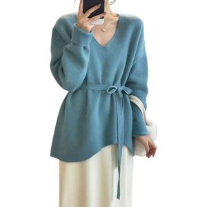 imagechouyatou Womens Casual V Neck Belted Pullover Sweaters Asymmetrical Hem Knitted Sweater Tunic Jumper TopsBlue