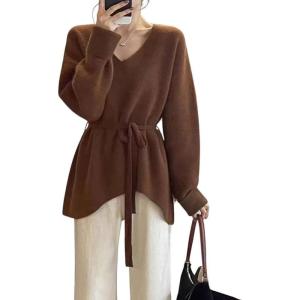imagechouyatou Womens Casual V Neck Belted Pullover Sweaters Asymmetrical Hem Knitted Sweater Tunic Jumper TopsBrown