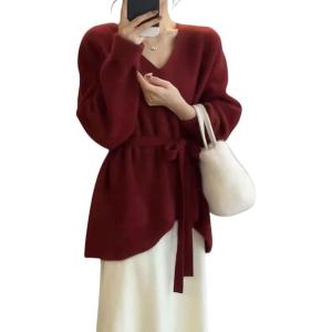 imagechouyatou Womens Casual V Neck Belted Pullover Sweaters Asymmetrical Hem Knitted Sweater Tunic Jumper TopsWine Red