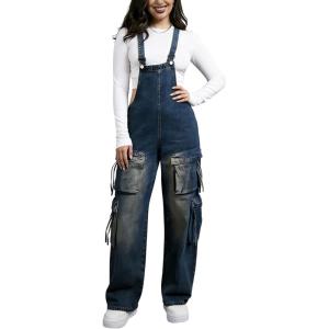 imagechouyatou Womens Denim Bib Overalls Adjustable Strap Cargo Utility Jean Jumpsuits Loose Fit RomperDark Blue