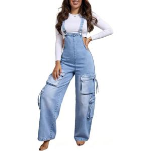 imagechouyatou Womens Denim Bib Overalls Adjustable Strap Cargo Utility Jean Jumpsuits Loose Fit RomperLight Blue