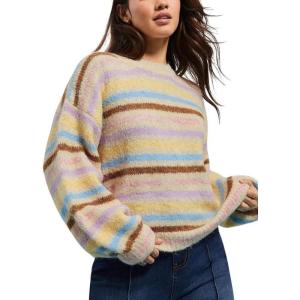 imagechouyatou Womens Fall Fuzzy Contrast Striped Pullover Sweater Cute Y2K Ribbed Knit Sweater Jumper TopsYellow