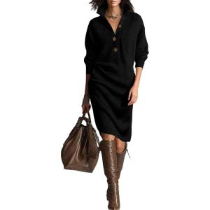 imagechouyatou Womens Fall Ribbed Knit Sweater Dresses Button Up Polo Collar Long Sleeve Knitted Midi Long DressBlack