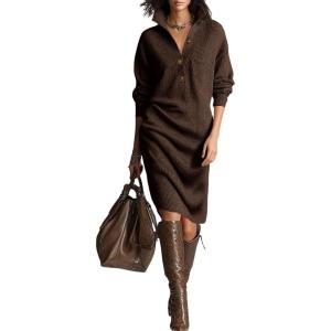 imagechouyatou Womens Fall Ribbed Knit Sweater Dresses Button Up Polo Collar Long Sleeve Knitted Midi Long DressCoffee