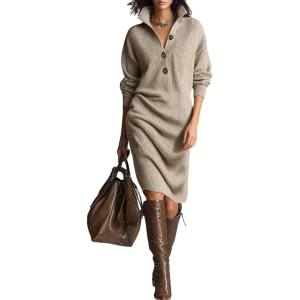 imagechouyatou Womens Fall Ribbed Knit Sweater Dresses Button Up Polo Collar Long Sleeve Knitted Midi Long DressKhaki