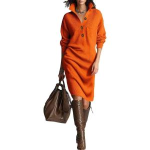 imagechouyatou Womens Fall Ribbed Knit Sweater Dresses Button Up Polo Collar Long Sleeve Knitted Midi Long DressOrange