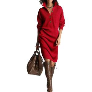 imagechouyatou Womens Fall Ribbed Knit Sweater Dresses Button Up Polo Collar Long Sleeve Knitted Midi Long DressRed
