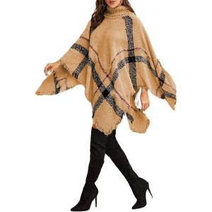 imagechouyatou Womens Poncho Plaid Turtleneck Sweater Tassels Fringe Boho Shawl Pullover Knitted Cape TopBrown