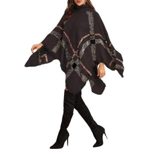 imagechouyatou Womens Poncho Plaid Turtleneck Sweater Tassels Fringe Boho Shawl Pullover Knitted Cape TopCoffee