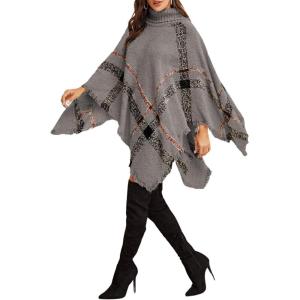 imagechouyatou Womens Poncho Plaid Turtleneck Sweater Tassels Fringe Boho Shawl Pullover Knitted Cape TopGrey