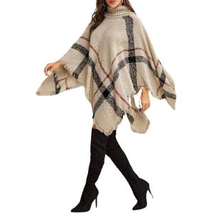 imagechouyatou Womens Poncho Plaid Turtleneck Sweater Tassels Fringe Boho Shawl Pullover Knitted Cape TopKhaki