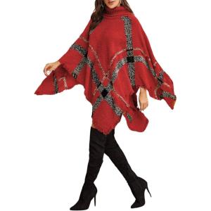 imagechouyatou Womens Poncho Plaid Turtleneck Sweater Tassels Fringe Boho Shawl Pullover Knitted Cape TopRed