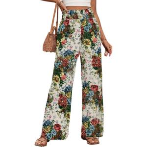 imagechouyatou Womens Vintage Floral Printed Wide Leg Pants Smocked Elastic Waist Beach Palazzo PantsBeige