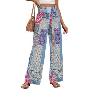 imagechouyatou Womens Vintage Floral Printed Wide Leg Pants Smocked Elastic Waist Beach Palazzo PantsBlue
