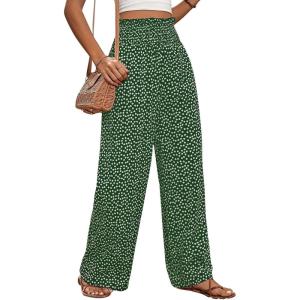 imagechouyatou Womens Vintage Floral Printed Wide Leg Pants Smocked Elastic Waist Beach Palazzo PantsDark Green