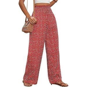 imagechouyatou Womens Vintage Floral Printed Wide Leg Pants Smocked Elastic Waist Beach Palazzo PantsRed