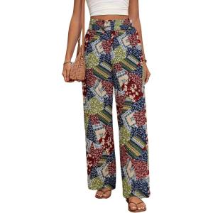 imagechouyatou Womens Vintage Floral Printed Wide Leg Pants Smocked Elastic Waist Beach Palazzo PantsWine Red