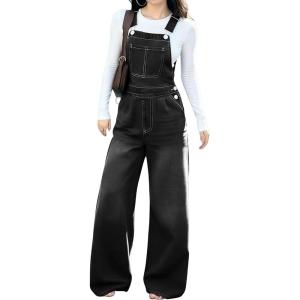 imagechouyatou Womens y2k Denim Bib Overalls Adjustable Strap Wide Leg Jean Jumpsuits Loose Fit Romper PantsBlack