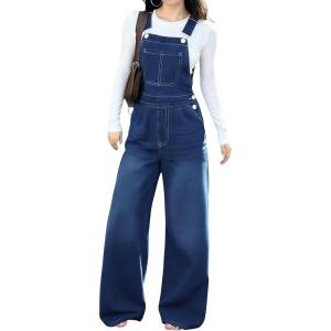imagechouyatou Womens y2k Denim Bib Overalls Adjustable Strap Wide Leg Jean Jumpsuits Loose Fit Romper PantsDark Blue