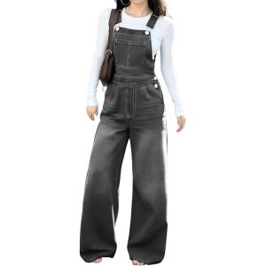 imagechouyatou Womens y2k Denim Bib Overalls Adjustable Strap Wide Leg Jean Jumpsuits Loose Fit Romper PantsGrey