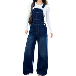 imagechouyatou Womens y2k Denim Bib Overalls Adjustable Strap Wide Leg Jean Jumpsuits Loose Fit Romper PantsNavy