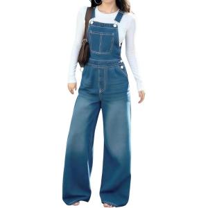 imagechouyatou Womens y2k Denim Bib Overalls Adjustable Strap Wide Leg Jean Jumpsuits Loose Fit Romper PantsRetro Blue
