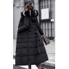 imagechouyatou Womens Warm Belted Maxi Long Padded Winter Coat Removable Fur Hood XSmall Black