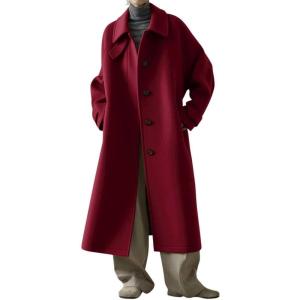 imagechouyatou Womens Business Casual Winter Wool Coat Single Breasted Long Sleeve Midi Long Trench Coat PeacoatRed