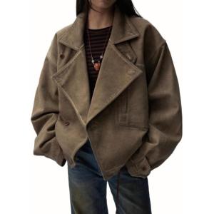 imagechouyatou Womens Fall 2025 Faux Suede Leather Jacket Boyfriend Notch Lapel Button Down Shacket CoatBrown