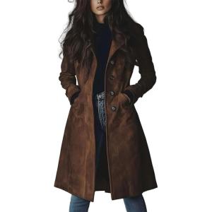imagechouyatou Womens Fall Faux Suede Leather Trench Coat Casual Lapel Midi Long Dressy Blazer Jacket Coat with PocketsCoffee Brown