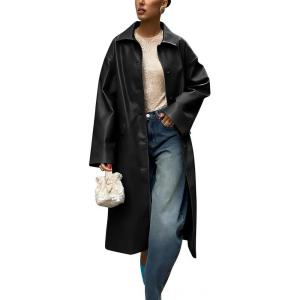 imagechouyatou Womens Faux Leather Long Trench Coat Casual Lapel Single Breasted Pu Leather Jacket Outerwear OvercoatBlack