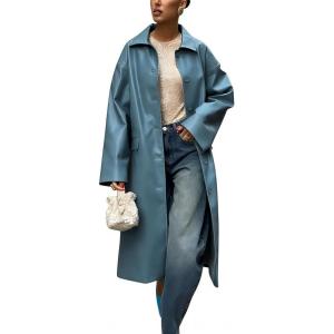 imagechouyatou Womens Faux Leather Long Trench Coat Casual Lapel Single Breasted Pu Leather Jacket Outerwear OvercoatBlue