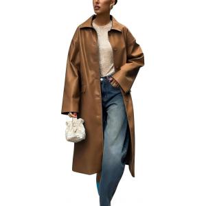 imagechouyatou Womens Faux Leather Long Trench Coat Casual Lapel Single Breasted Pu Leather Jacket Outerwear OvercoatBrown