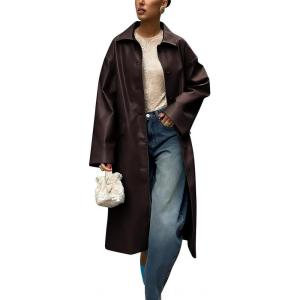 imagechouyatou Womens Faux Leather Long Trench Coat Casual Lapel Single Breasted Pu Leather Jacket Outerwear OvercoatCoffee