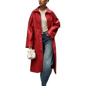 imagechouyatou Womens Faux Leather Long Trench Coat Casual Lapel Single Breasted Pu Leather Jacket Outerwear OvercoatRed